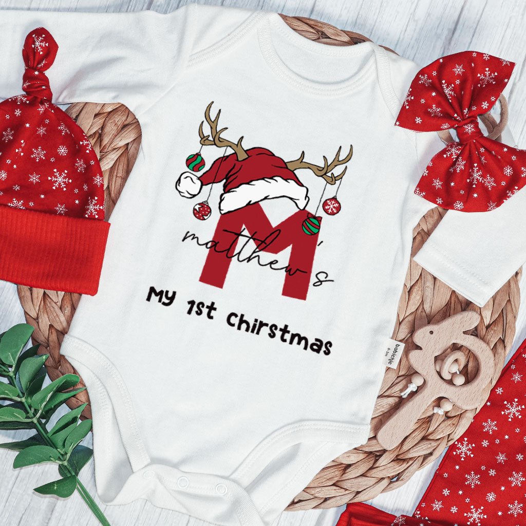 Personalized Christmas Baby Boy Onesies and Long Pants Set | Custom Infant Onesie Monogram Santa Hat Reindeer Antler Baby Name | Cute Onesies - BabiChic