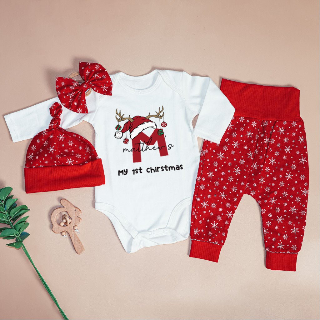 Personalized Christmas Baby Boy Onesies and Long Pants Set | Custom Infant Onesie Monogram Santa Hat Reindeer Antler Baby Name | Cute Onesies - BabiChic