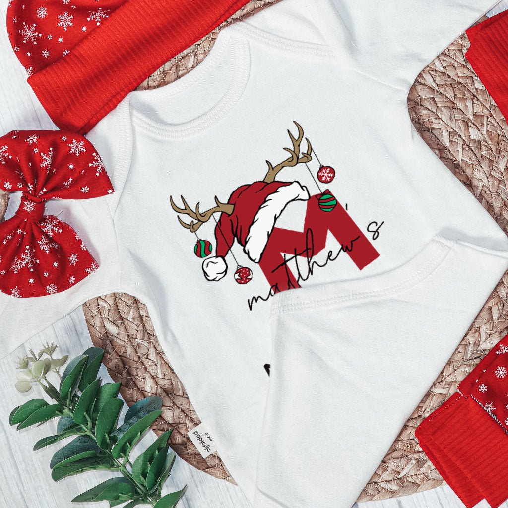 Personalized Christmas Baby Boy Onesies and Long Pants Set | Custom Infant Onesie Monogram Santa Hat Reindeer Antler Baby Name | Cute Onesies - BabiChic