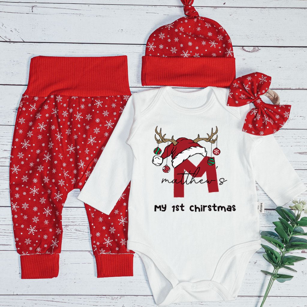 Personalized Christmas Baby Boy Onesies and Long Pants Set | Custom Infant Onesie Monogram Santa Hat Reindeer Antler Baby Name | Cute Onesies - BabiChic