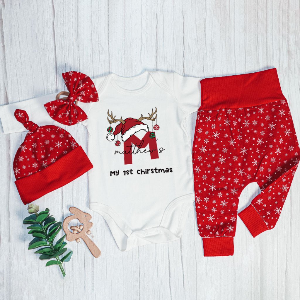 Personalized Christmas Baby Boy Onesies and Long Pants Set | Custom Infant Onesie Monogram Santa Hat Reindeer Antler Baby Name | Cute Onesies - BabiChic