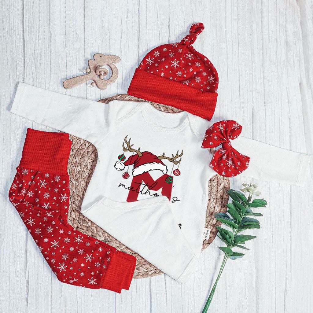 Personalized Christmas Baby Boy Onesies and Long Pants Set | Custom Infant Onesie Monogram Santa Hat Reindeer Antler Baby Name | Cute Onesies - BabiChic