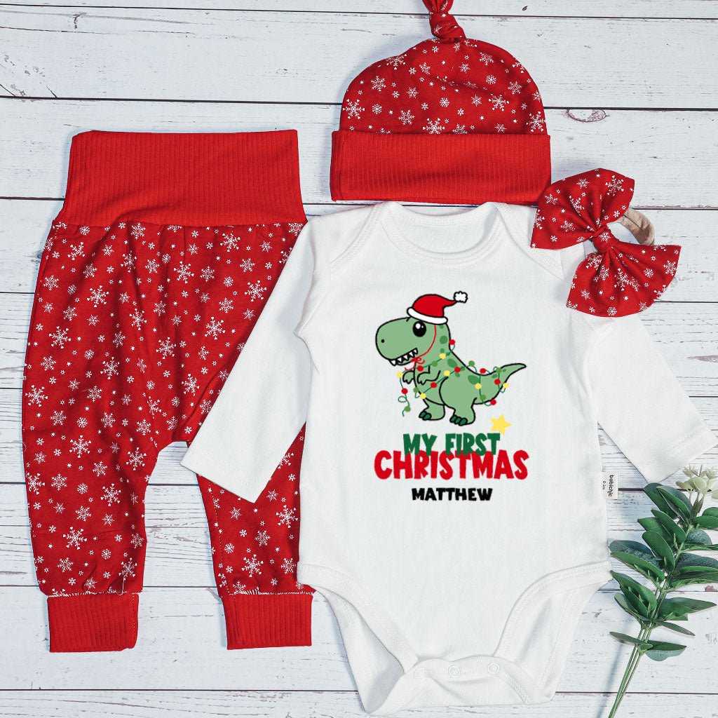 Personalized Christmas Baby Boy Onesies and Long Pants Set | Custom Newborn Onesie Cute Dinosaur Baby Name | Newborn Xmas Outfit - BabiChic