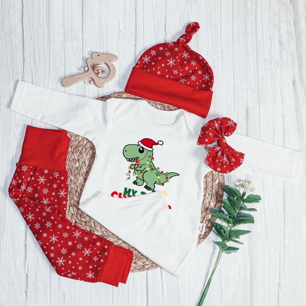 Personalized Christmas Baby Boy Onesies and Long Pants Set | Custom Newborn Onesie Cute Dinosaur Baby Name | Newborn Xmas Outfit - BabiChic