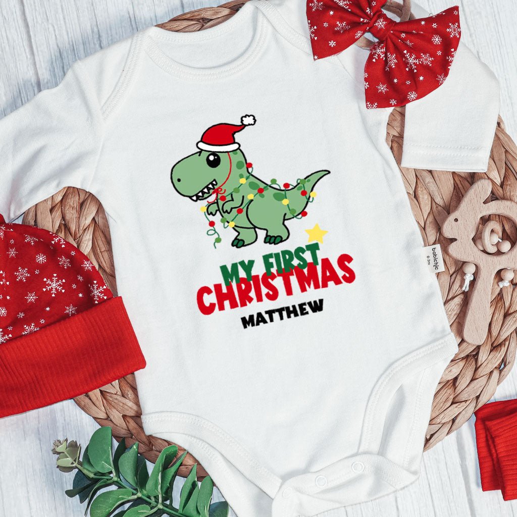 Personalized Christmas Baby Boy Onesies and Long Pants Set | Custom Newborn Onesie Cute Dinosaur Baby Name | Newborn Xmas Outfit - BabiChic