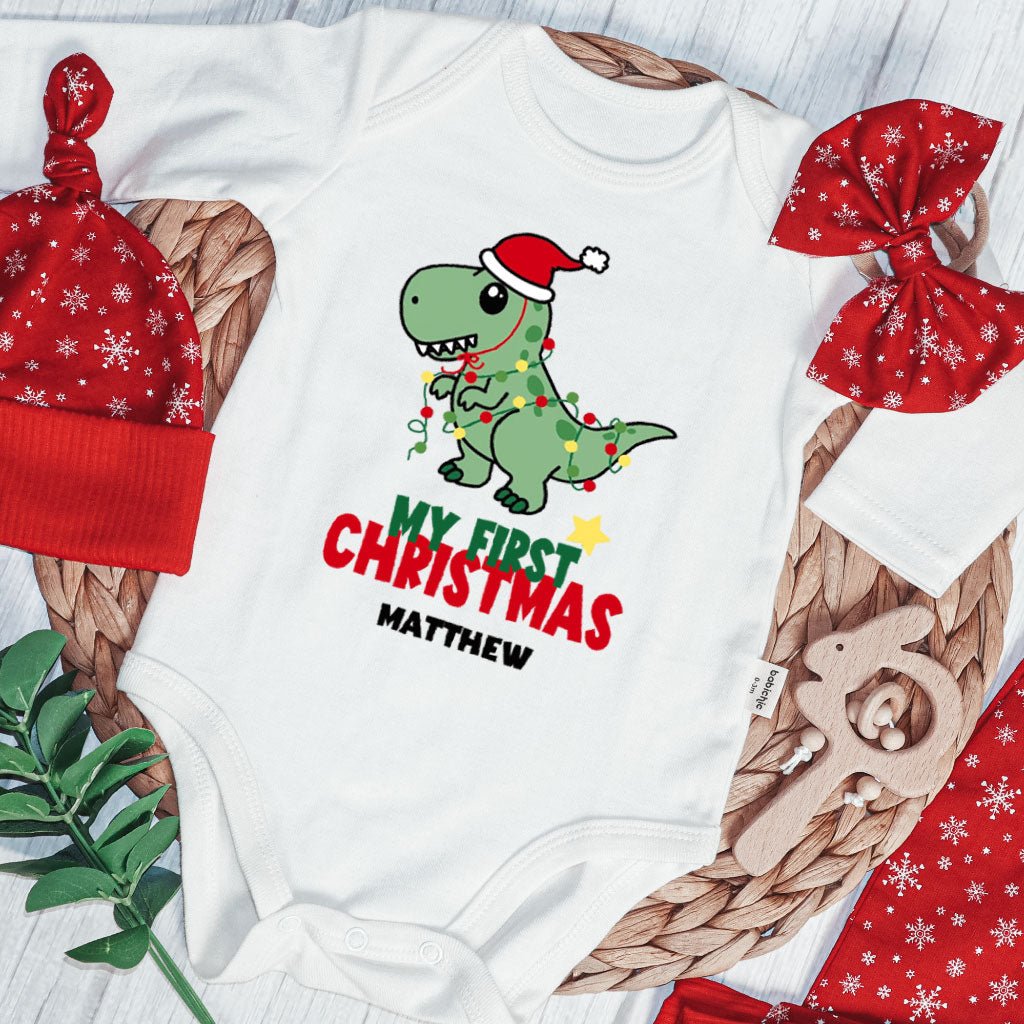 Personalized Christmas Baby Boy Onesies and Long Pants Set | Custom Newborn Onesie Cute Dinosaur Baby Name | Newborn Xmas Outfit - BabiChic