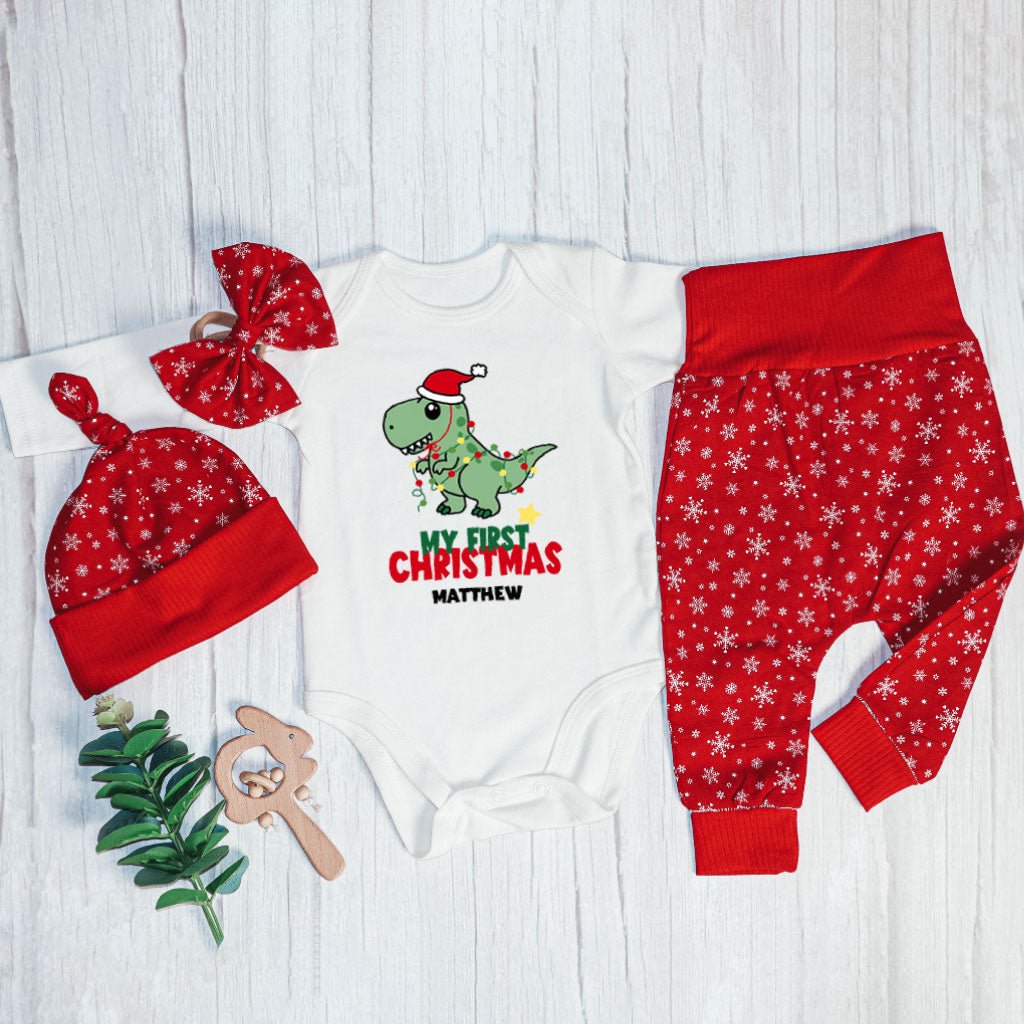 Personalized Christmas Baby Boy Onesies and Long Pants Set | Custom Newborn Onesie Cute Dinosaur Baby Name | Newborn Xmas Outfit - BabiChic