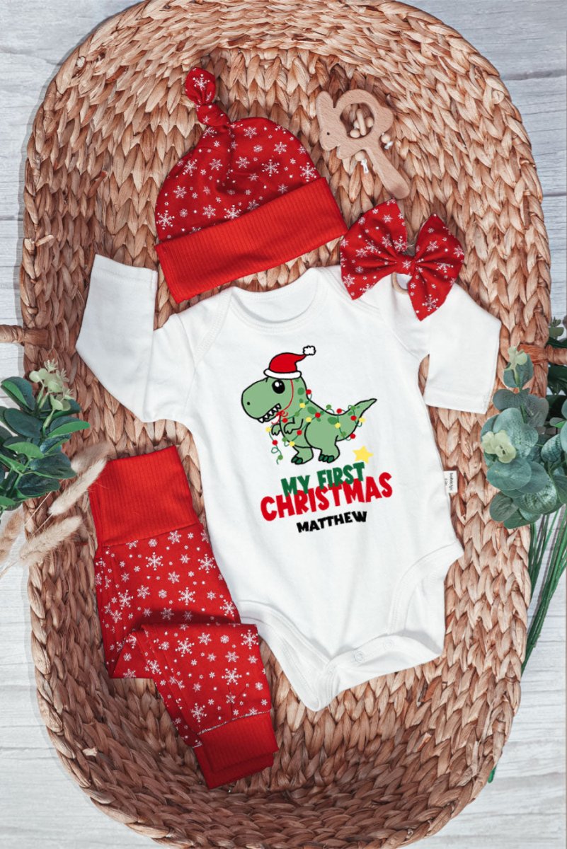 Personalized Christmas Baby Boy Onesies and Long Pants Set | Custom Newborn Onesie Cute Dinosaur Baby Name | Newborn Xmas Outfit - BabiChic