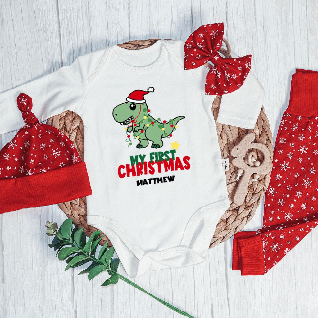 Personalized Christmas Baby Boy Onesies and Long Pants Set | Custom Newborn Onesie Cute Dinosaur Baby Name | Newborn Xmas Outfit - BabiChic