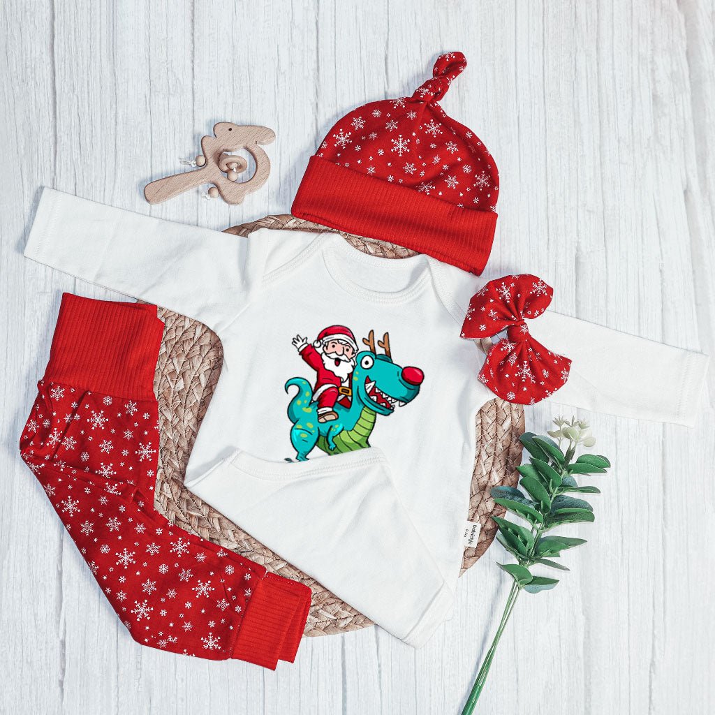 Personalized Christmas Baby Boy Onesies and Long Pants Set | Long Sleeve Onesies Santa Riding Dinosaur T-rex Baby Name | Infant Christmas Outfit - BabiChic