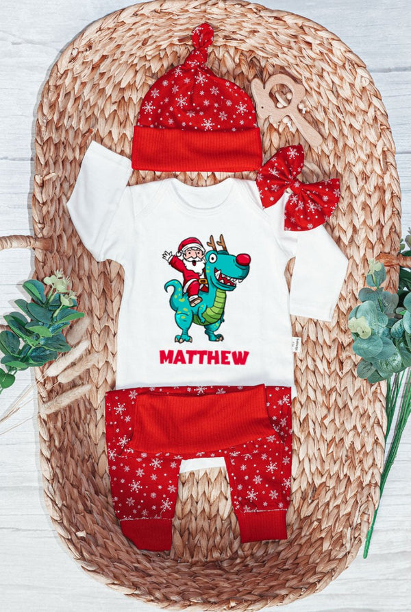 Personalized Christmas Baby Boy Onesies and Long Pants Set | Long Sleeve Onesies Santa Riding Dinosaur T-rex Baby Name | Infant Christmas Outfit - BabiChic