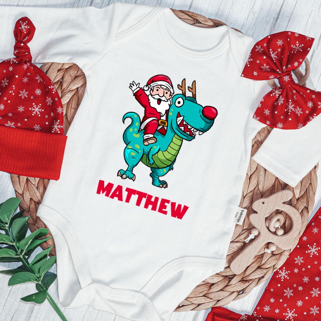 Personalized Christmas Baby Boy Onesies and Long Pants Set | Long Sleeve Onesies Santa Riding Dinosaur T-rex Baby Name | Infant Christmas Outfit - BabiChic