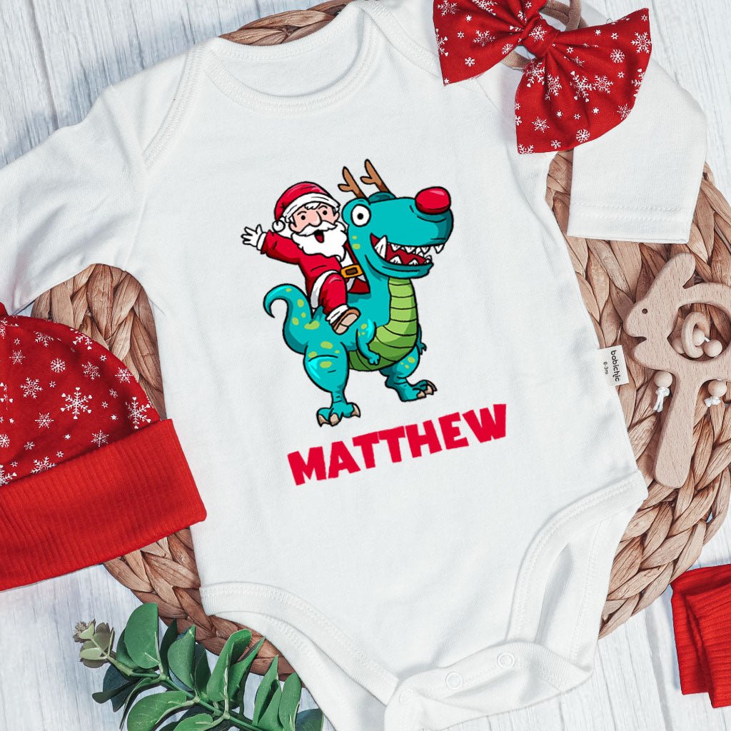 Personalized Christmas Baby Boy Onesies and Long Pants Set | Long Sleeve Onesies Santa Riding Dinosaur T-rex Baby Name | Infant Christmas Outfit - BabiChic