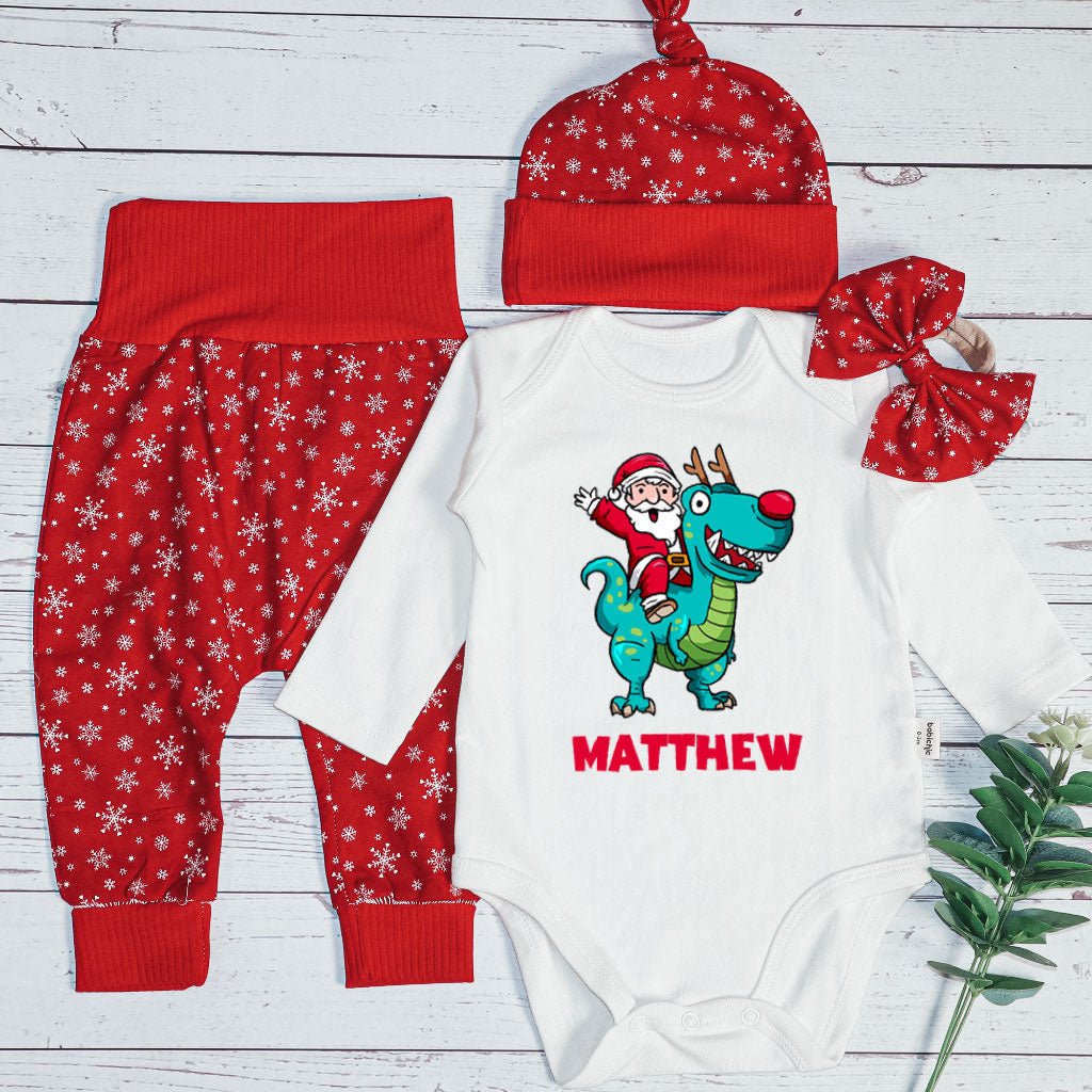 Personalized Christmas Baby Boy Onesies and Long Pants Set | Long Sleeve Onesies Santa Riding Dinosaur T-rex Baby Name | Infant Christmas Outfit - BabiChic