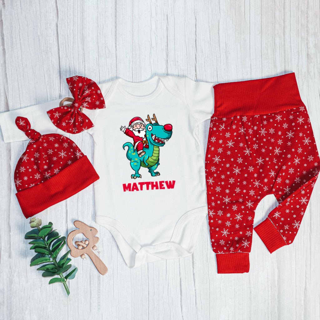 Personalized Christmas Baby Boy Onesies and Long Pants Set | Long Sleeve Onesies Santa Riding Dinosaur T-rex Baby Name | Infant Christmas Outfit - BabiChic