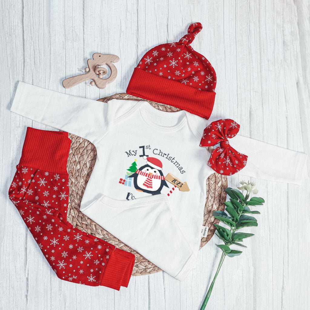 Personalized Christmas Baby Boy Onesies and Long Pants Set | White Long Sleeve Bodysuit My 1st Christmas Cute Penguin Baby Name - BabiChic