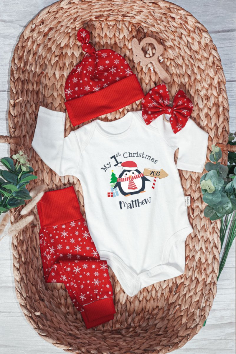 Personalized Christmas Baby Boy Onesies and Long Pants Set | White Long Sleeve Bodysuit My 1st Christmas Cute Penguin Baby Name - BabiChic