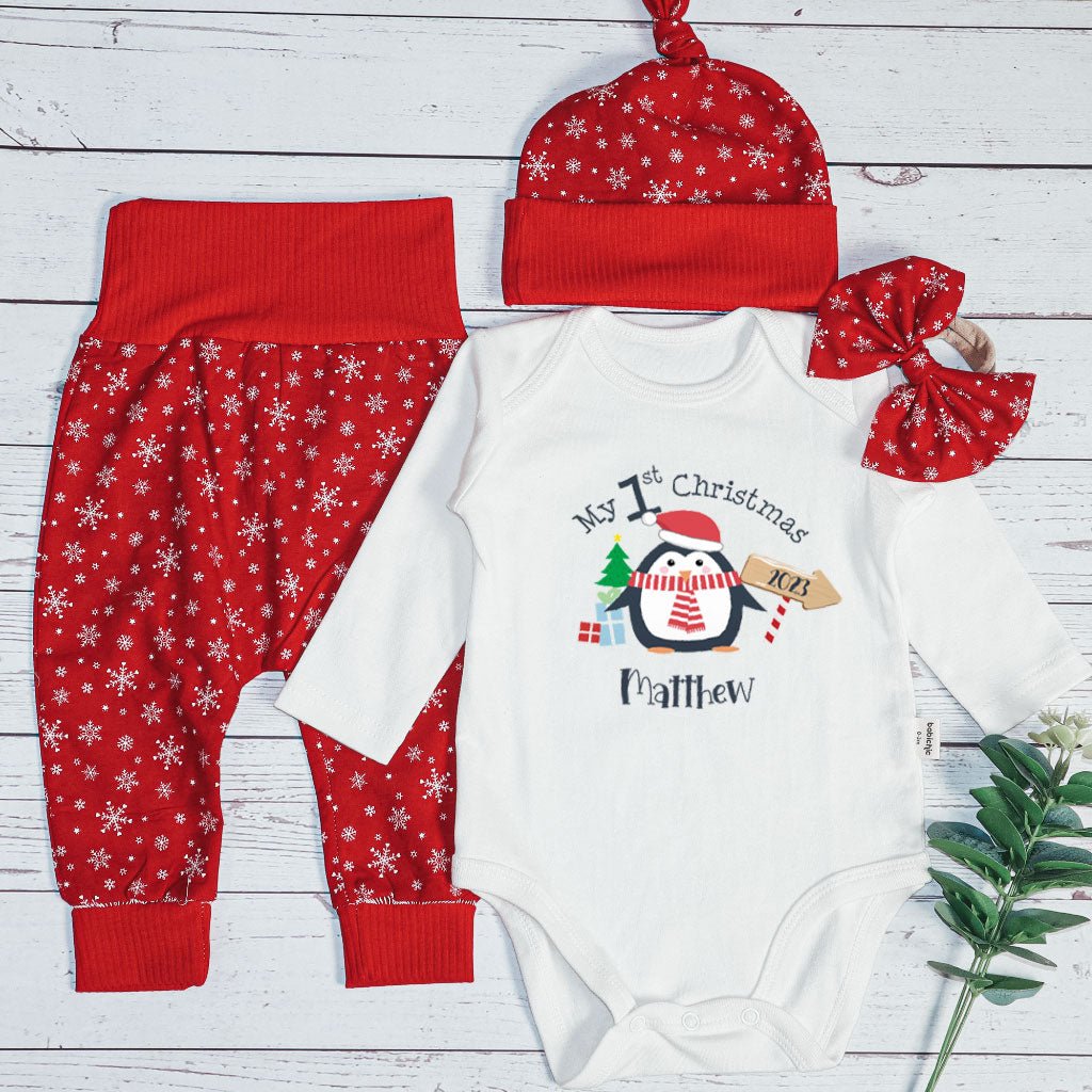 Personalized Christmas Baby Boy Onesies and Long Pants Set | White Long Sleeve Bodysuit My 1st Christmas Cute Penguin Baby Name - BabiChic