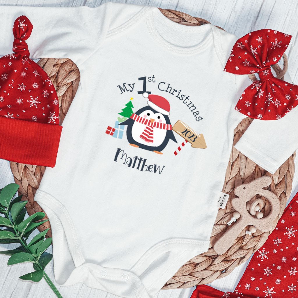 Personalized Christmas Baby Boy Onesies and Long Pants Set | White Long Sleeve Bodysuit My 1st Christmas Cute Penguin Baby Name - BabiChic