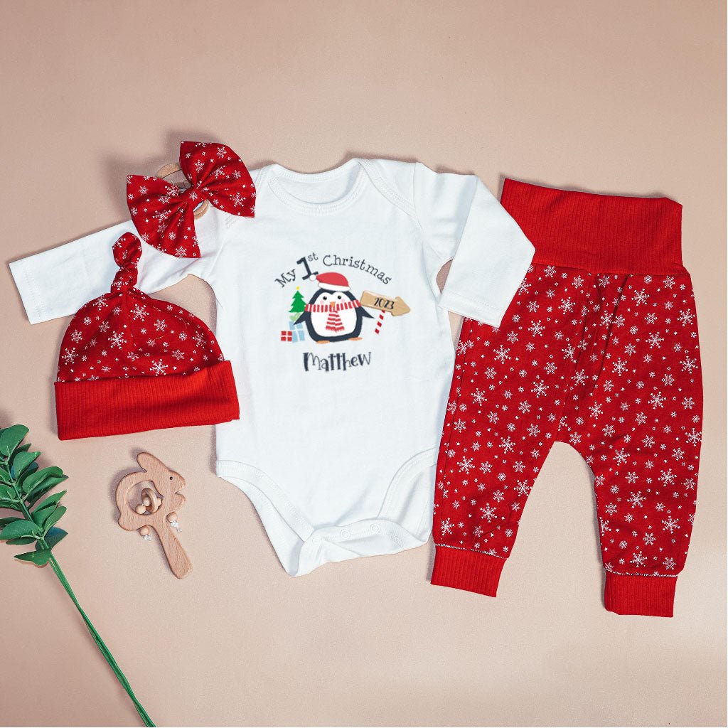 Personalized Christmas Baby Boy Onesies and Long Pants Set | White Long Sleeve Bodysuit My 1st Christmas Cute Penguin Baby Name - BabiChic