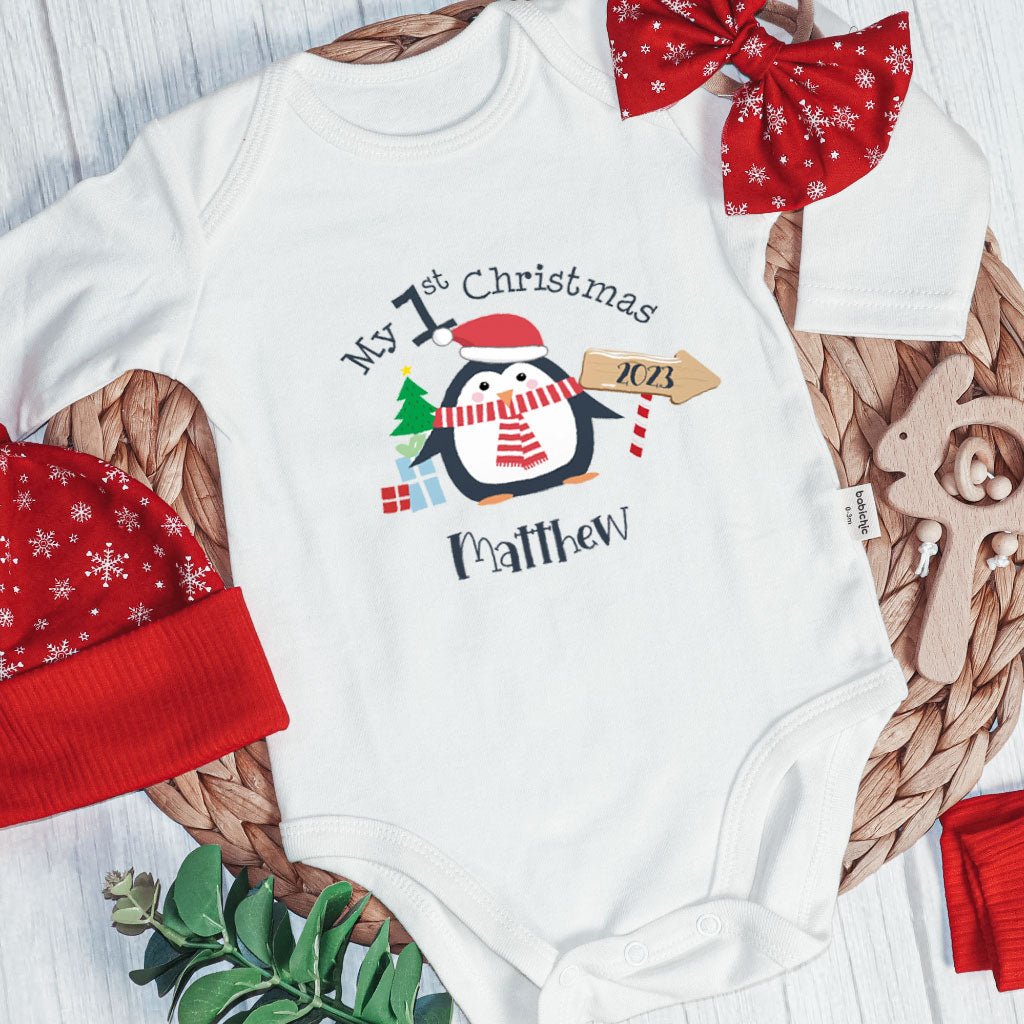 Personalized Christmas Baby Boy Onesies and Long Pants Set | White Long Sleeve Bodysuit My 1st Christmas Cute Penguin Baby Name - BabiChic