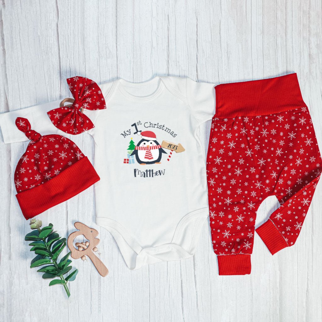 Personalized Christmas Baby Boy Onesies and Long Pants Set | White Long Sleeve Bodysuit My 1st Christmas Cute Penguin Baby Name - BabiChic