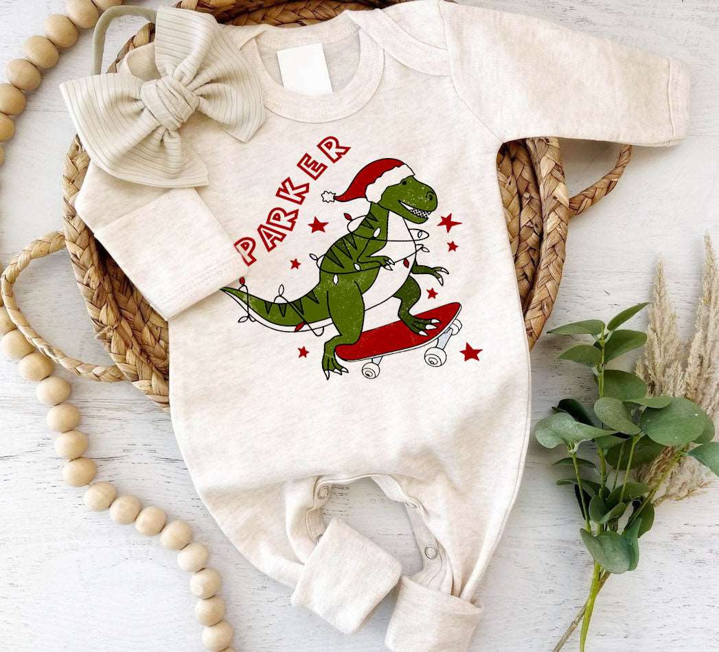 Personalized Christmas Baby Boy Romper with Bow or Hat | Oatmeal Romper Dinosaur Retro First Christmas Baby Name | Newborn Xmas Outfit - BabiChic