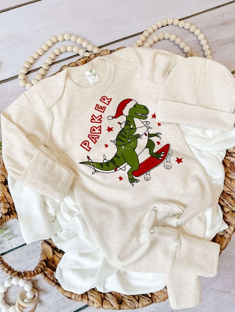 Personalized Christmas Baby Boy Romper with Bow or Hat | Oatmeal Romper Dinosaur Retro First Christmas Baby Name | Newborn Xmas Outfit - BabiChic