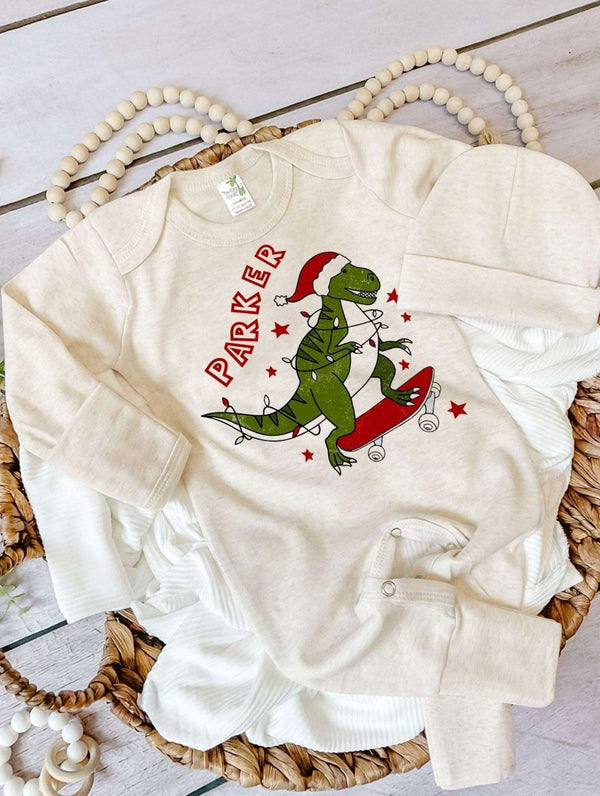 Personalized Christmas Baby Boy Romper with Bow or Hat | Oatmeal Romper Dinosaur Retro First Christmas Baby Name | Newborn Xmas Outfit - BabiChic