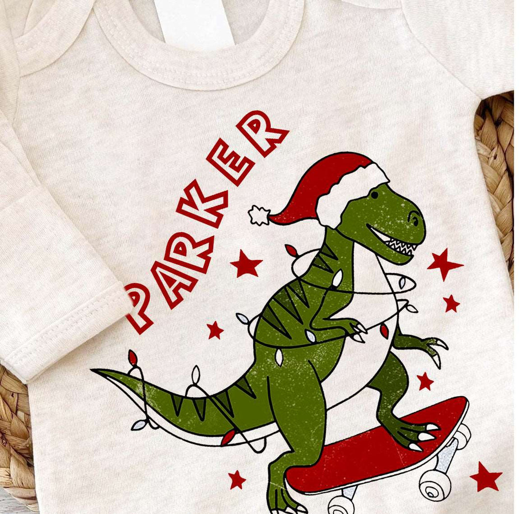 Personalized Christmas Baby Boy Romper with Bow or Hat | Oatmeal Romper Dinosaur Retro First Christmas Baby Name | Newborn Xmas Outfit - BabiChic