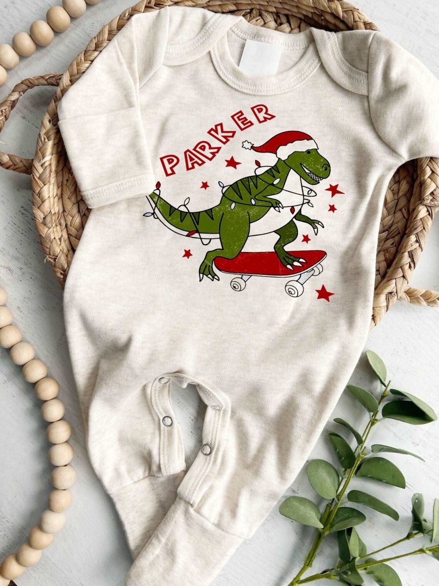 Personalized Christmas Baby Boy Romper with Bow or Hat | Oatmeal Romper Dinosaur Retro First Christmas Baby Name | Newborn Xmas Outfit - BabiChic