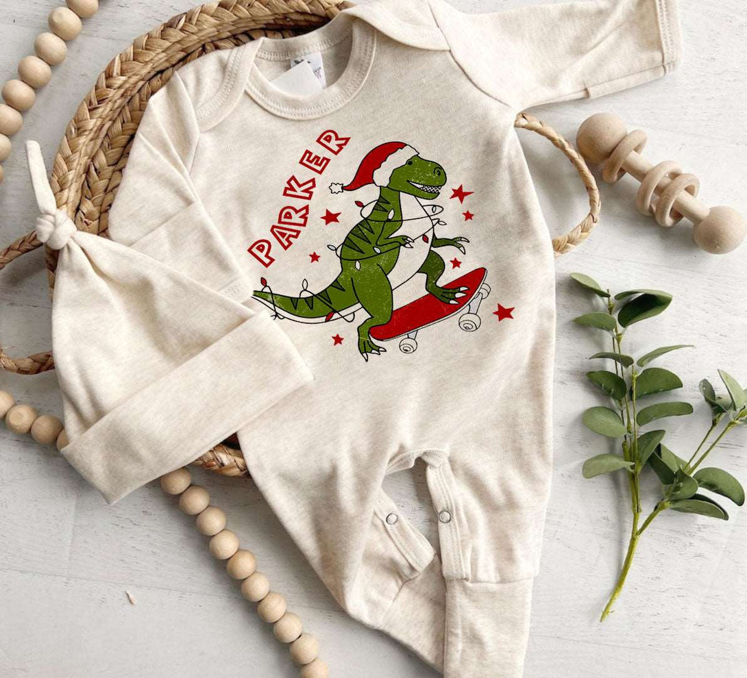 Personalized Christmas Baby Boy Romper with Bow or Hat | Oatmeal Romper Dinosaur Retro First Christmas Baby Name | Newborn Xmas Outfit - BabiChic