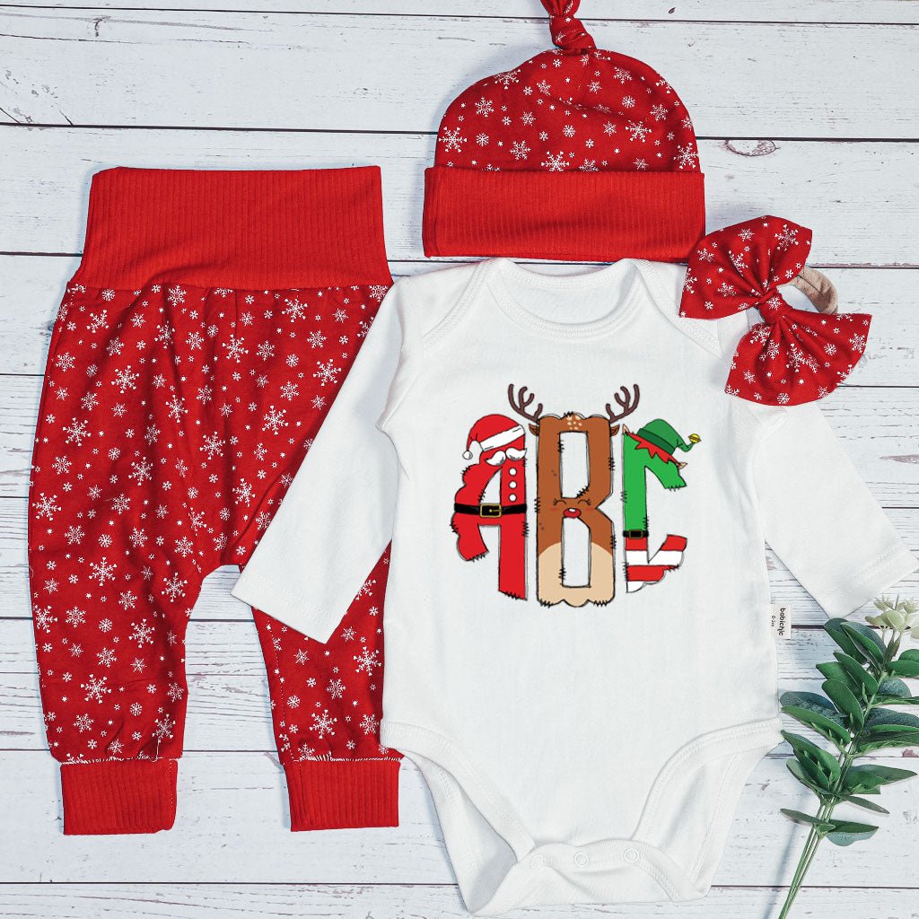 Personalized Christmas Baby Girl Long Sleeve Bodysuit and Long | Custom Baby Onesies Monogram Santa Hat Reindeer Antlers Baby Name - BabiChic