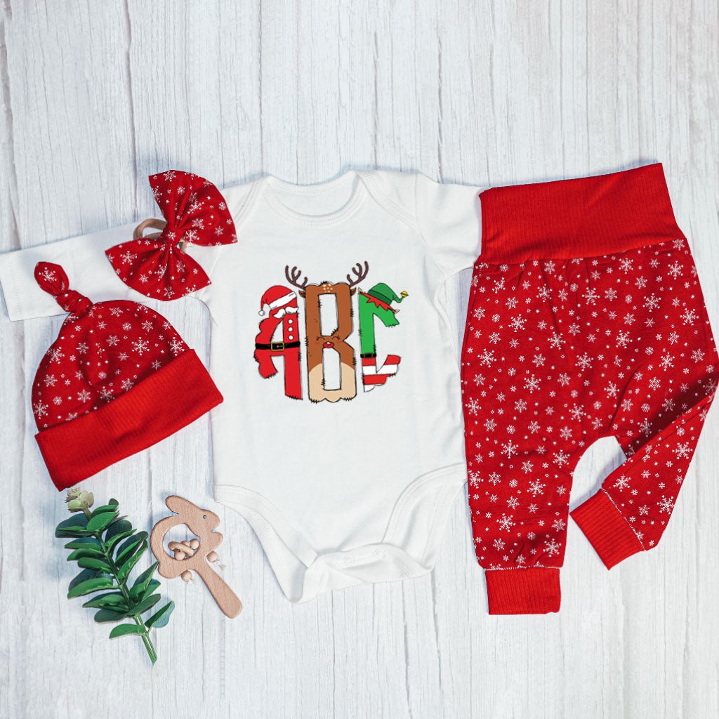 Personalized Christmas Baby Girl Long Sleeve Bodysuit and Long | Custom Baby Onesies Monogram Santa Hat Reindeer Antlers Baby Name - BabiChic