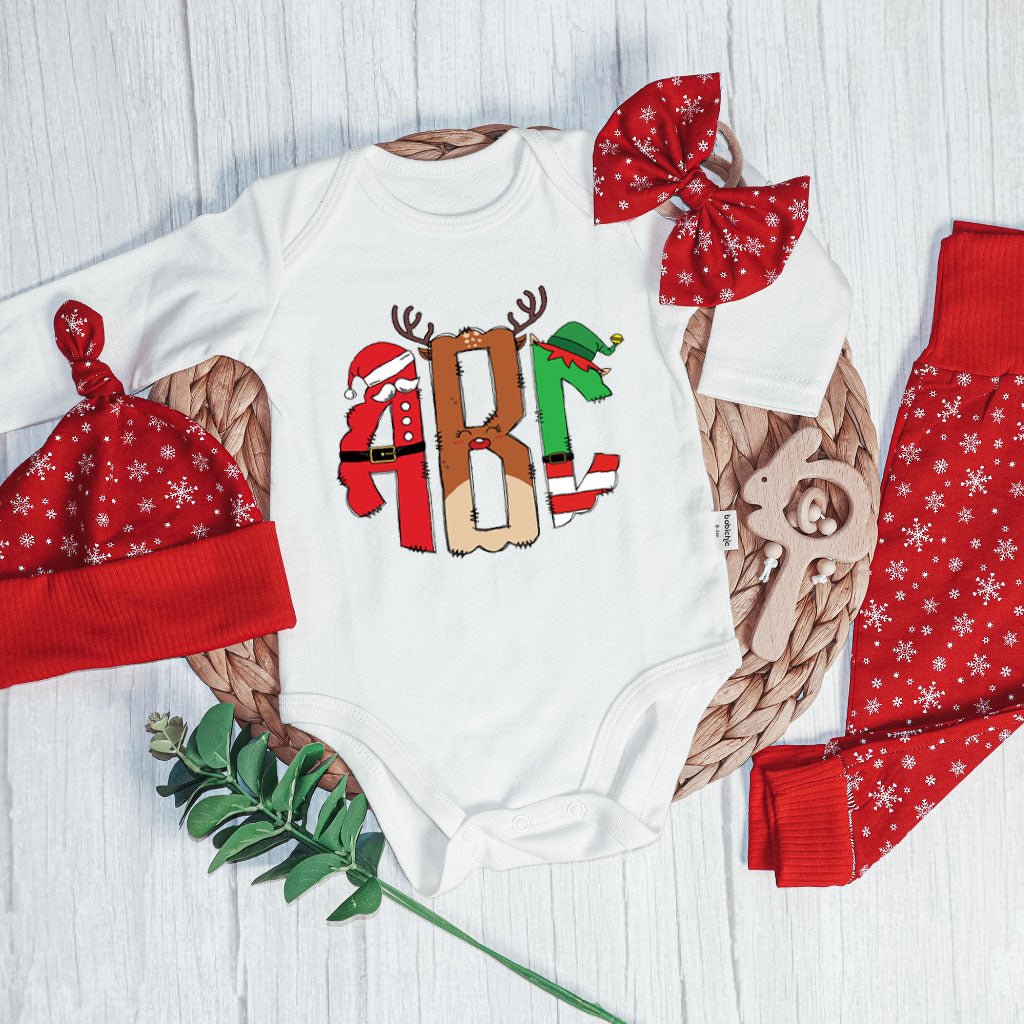 Personalized Christmas Baby Girl Long Sleeve Bodysuit and Long | Custom Baby Onesies Monogram Santa Hat Reindeer Antlers Baby Name - BabiChic