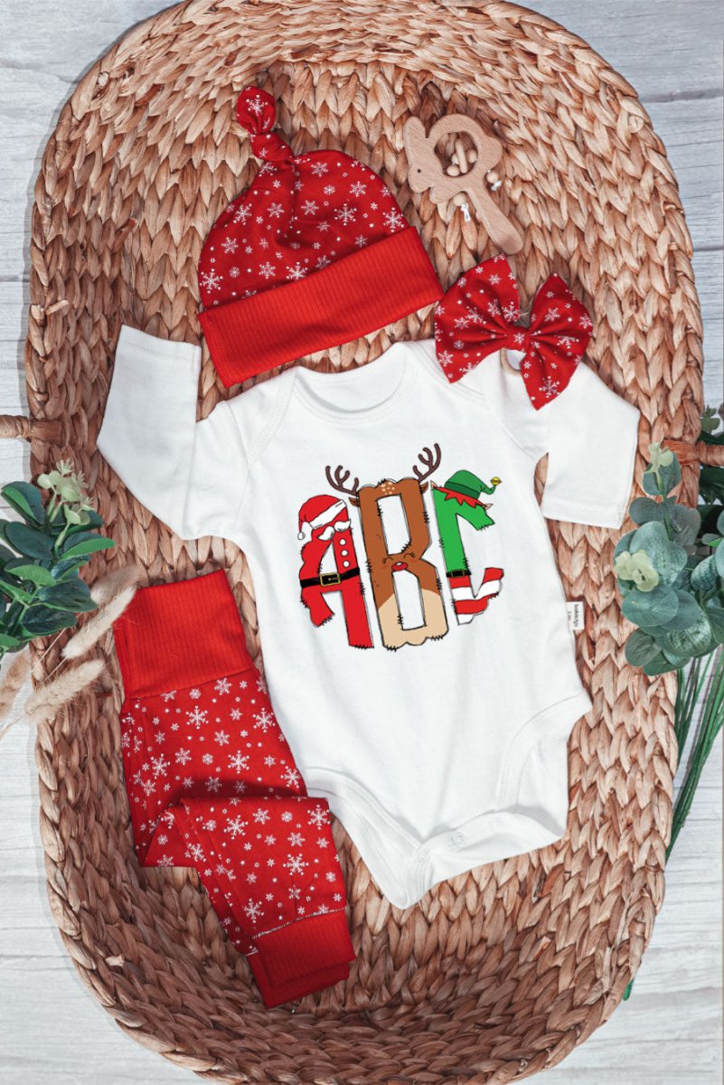 Personalized Christmas Baby Girl Long Sleeve Bodysuit and Long | Custom Baby Onesies Monogram Santa Hat Reindeer Antlers Baby Name - BabiChic