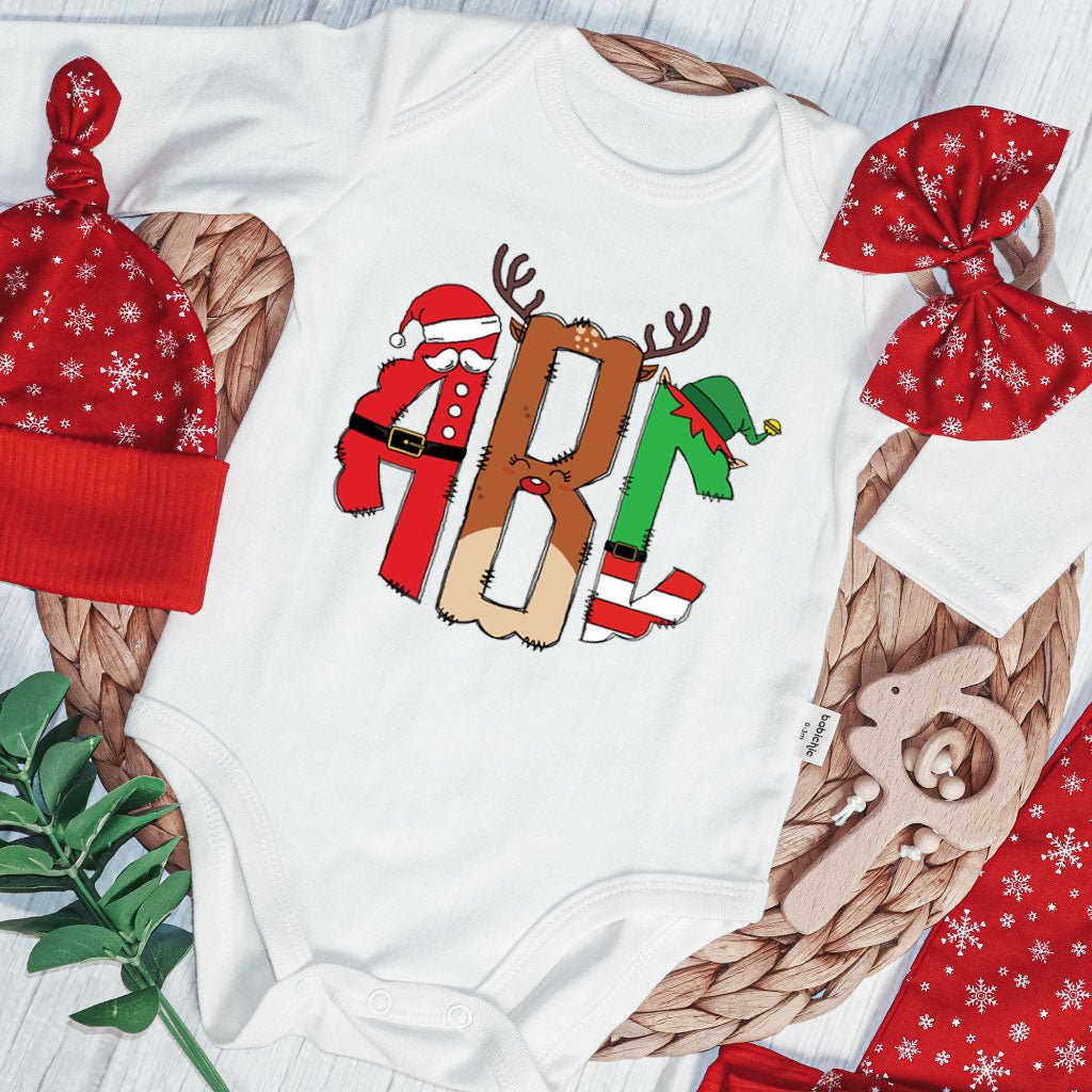 Personalized Christmas Baby Girl Long Sleeve Bodysuit and Long | Custom Baby Onesies Monogram Santa Hat Reindeer Antlers Baby Name - BabiChic