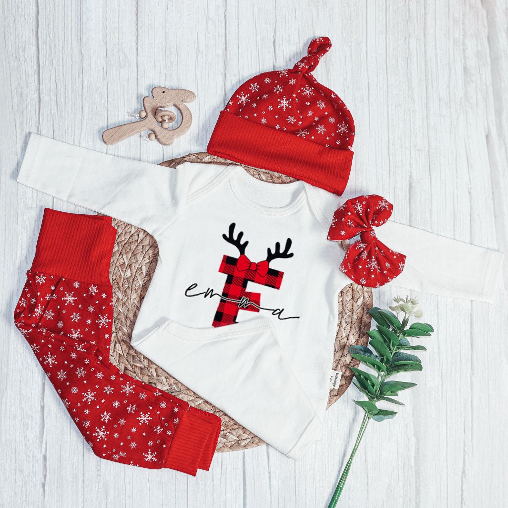 Personalized Christmas Baby Girl Onesies and Long Pants Set | Custom Infant Onesie Monogram Buffalo Plaid Baby Name | Newborn Christmas Onesie - BabiChic