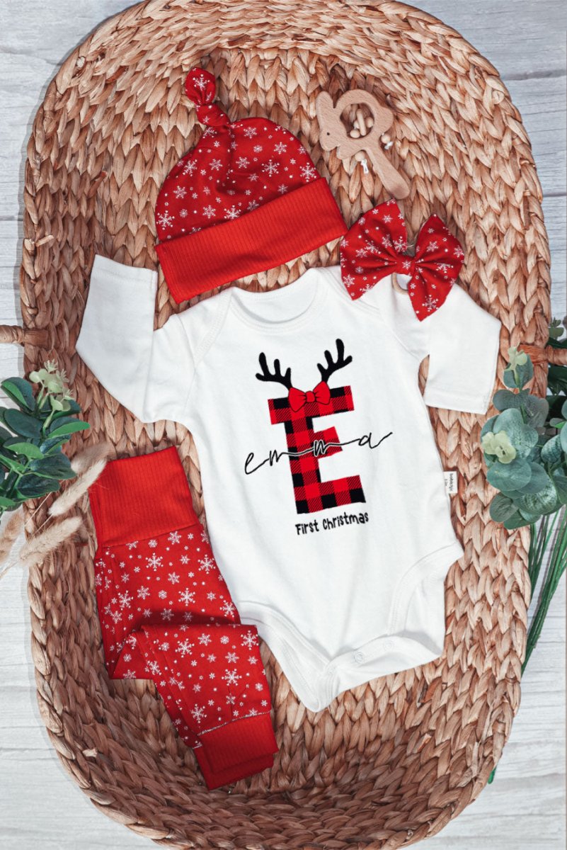 Personalized Christmas Baby Girl Onesies and Long Pants Set | Custom Infant Onesie Monogram Buffalo Plaid Baby Name | Newborn Christmas Onesie - BabiChic