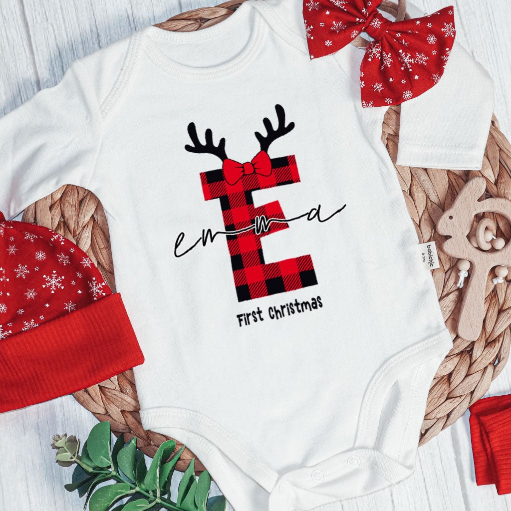 Personalized Christmas Baby Girl Onesies and Long Pants Set | Custom Infant Onesie Monogram Buffalo Plaid Baby Name | Newborn Christmas Onesie - BabiChic