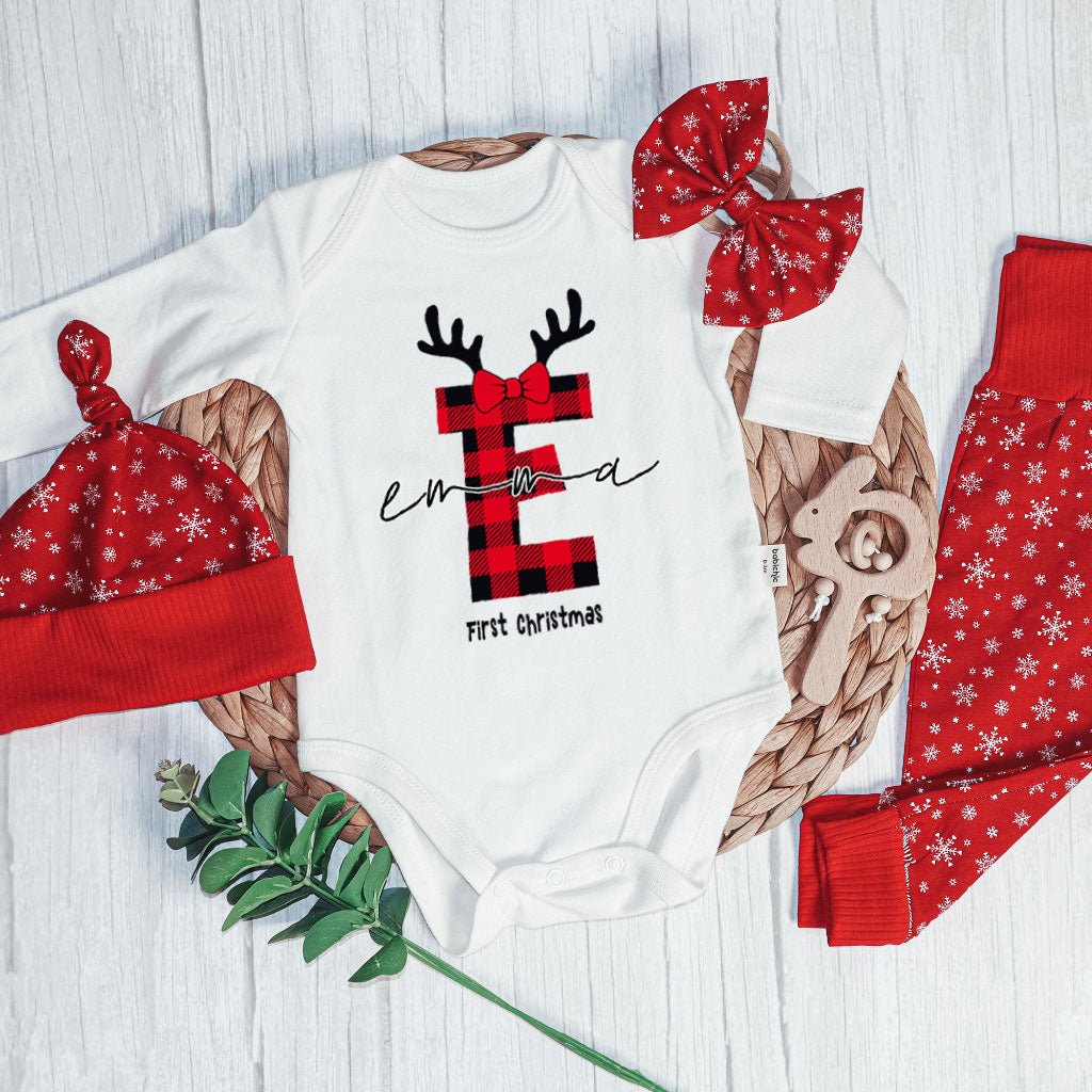 Personalized Christmas Baby Girl Onesies and Long Pants Set | Custom Infant Onesie Monogram Buffalo Plaid Baby Name | Newborn Christmas Onesie - BabiChic