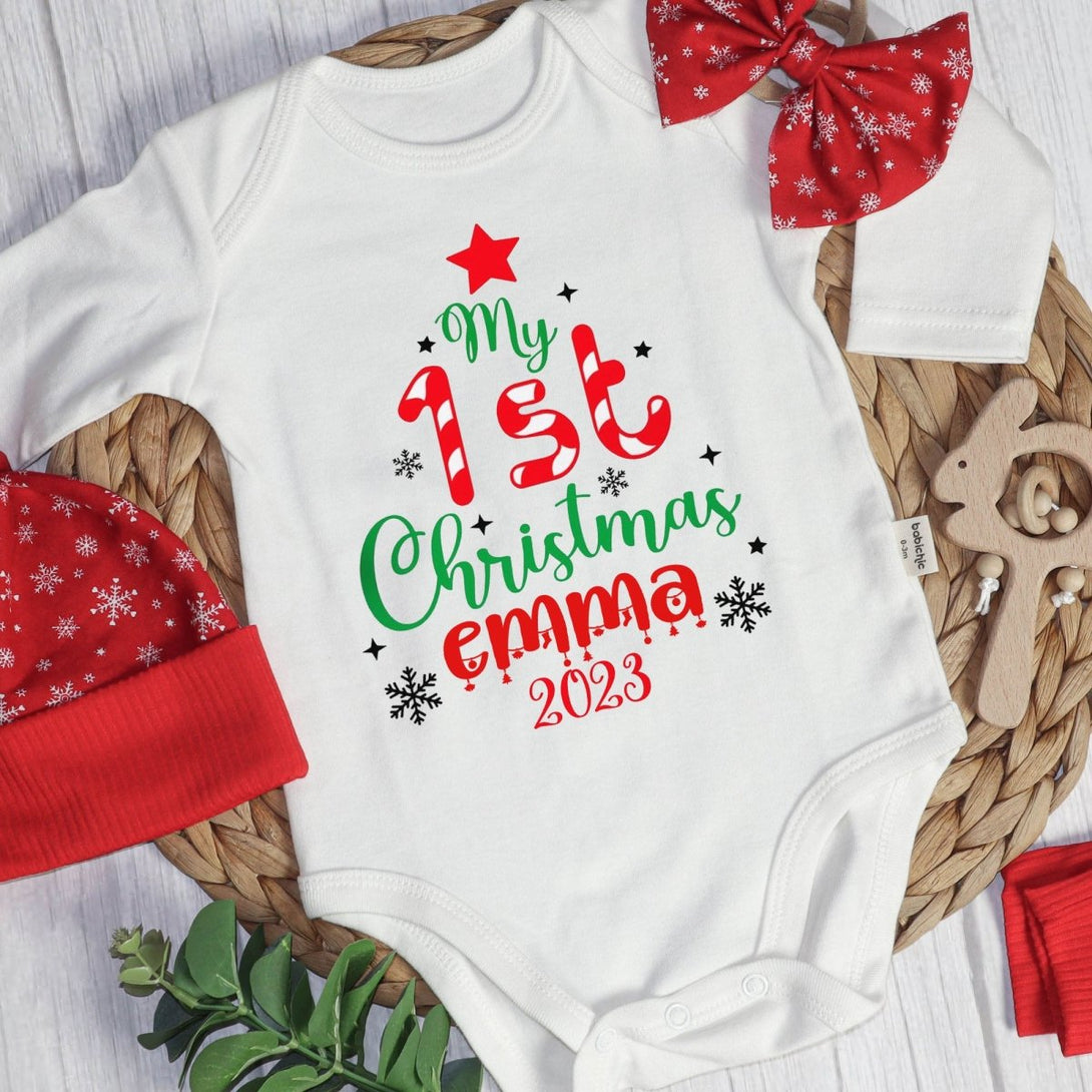 Personalized Christmas Baby Girl Onesies and Long Pants Set | Custom Infant Onesie My 1st Christmas Tree Baby Name | Infant Christmas Clothes - BabiChic