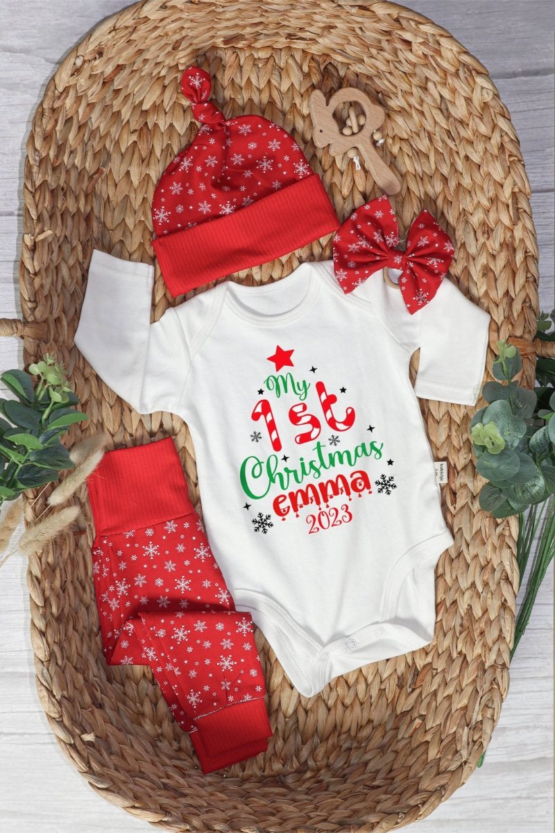 Personalized Christmas Baby Girl Onesies and Long Pants Set | Custom Infant Onesie My 1st Christmas Tree Baby Name | Infant Christmas Clothes - BabiChic