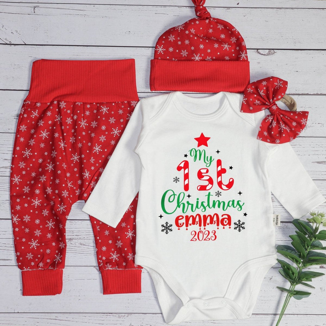 Personalized Christmas Baby Girl Onesies and Long Pants Set | Custom Infant Onesie My 1st Christmas Tree Baby Name | Infant Christmas Clothes - BabiChic