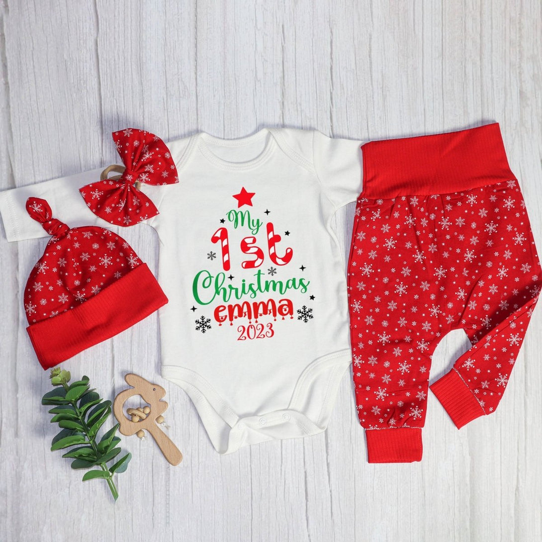 Personalized Christmas Baby Girl Onesies and Long Pants Set | Custom Infant Onesie My 1st Christmas Tree Baby Name | Infant Christmas Clothes - BabiChic