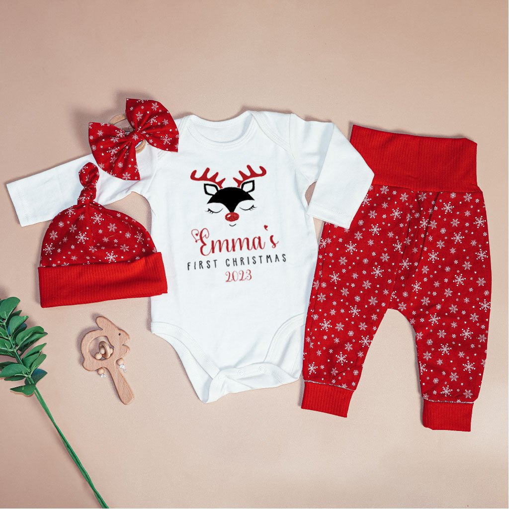 Personalized Christmas Baby Girl Onesies and Long Pants Set | Custom Infant Onesie Reindeer First Christmas Baby Name | Newborn Xmas Outfit - BabiChic