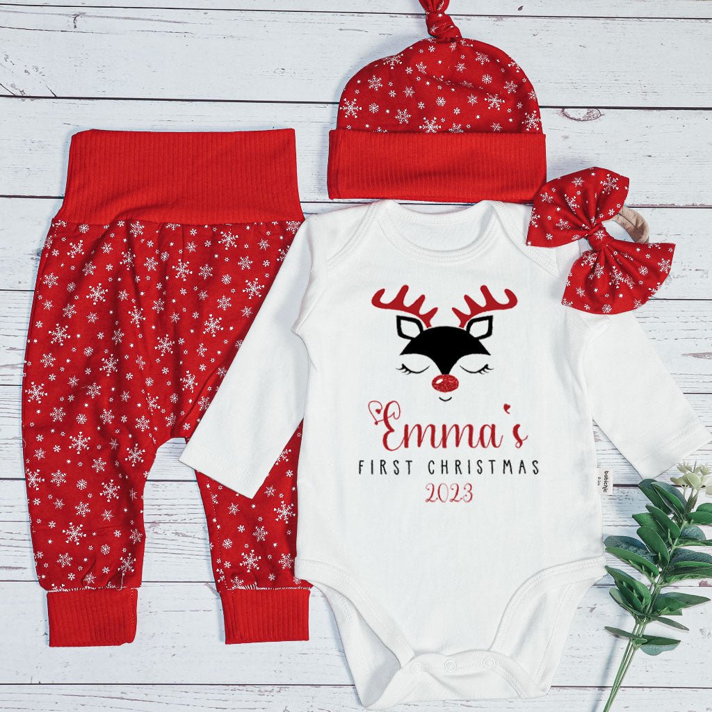 Personalized Christmas Baby Girl Onesies and Long Pants Set | Custom Infant Onesie Reindeer First Christmas Baby Name | Newborn Xmas Outfit - BabiChic