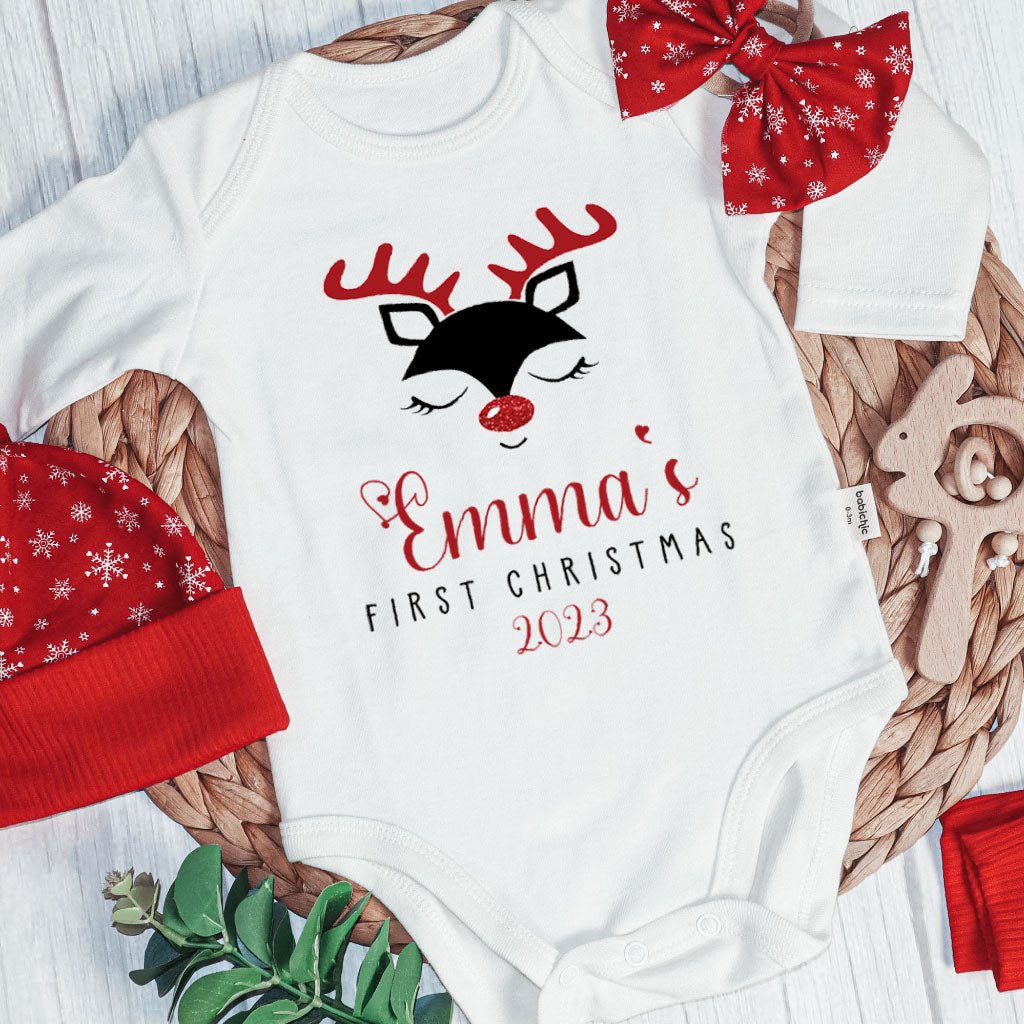 Personalized Christmas Baby Girl Onesies and Long Pants Set | Custom Infant Onesie Reindeer First Christmas Baby Name | Newborn Xmas Outfit - BabiChic