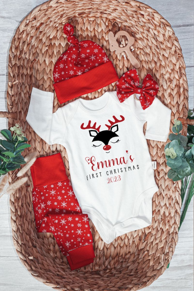 Personalized Christmas Baby Girl Onesies and Long Pants Set | Custom Infant Onesie Reindeer First Christmas Baby Name | Newborn Xmas Outfit - BabiChic