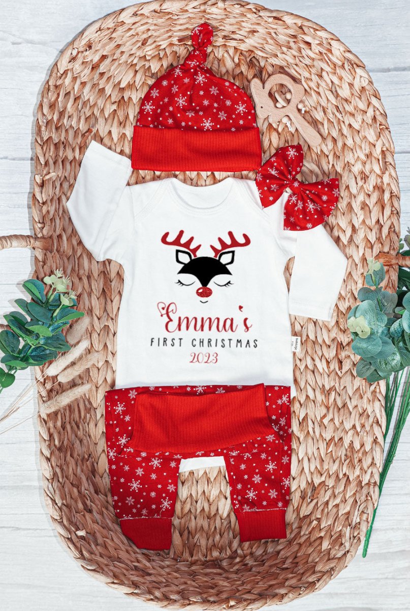 Personalized Christmas Baby Girl Onesies and Long Pants Set | Custom Infant Onesie Reindeer First Christmas Baby Name | Newborn Xmas Outfit - BabiChic